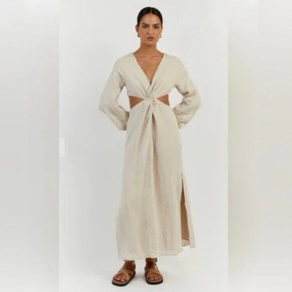 Dissh Dresses & Skirts - NWOT Dissh Tina Natural Linen Twist Midi Dress Beige Cutout Size 6